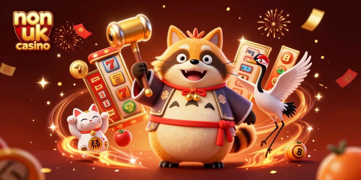 Experience the thrill at a non uk casino with colorful characters amidst vibrant slot machines.