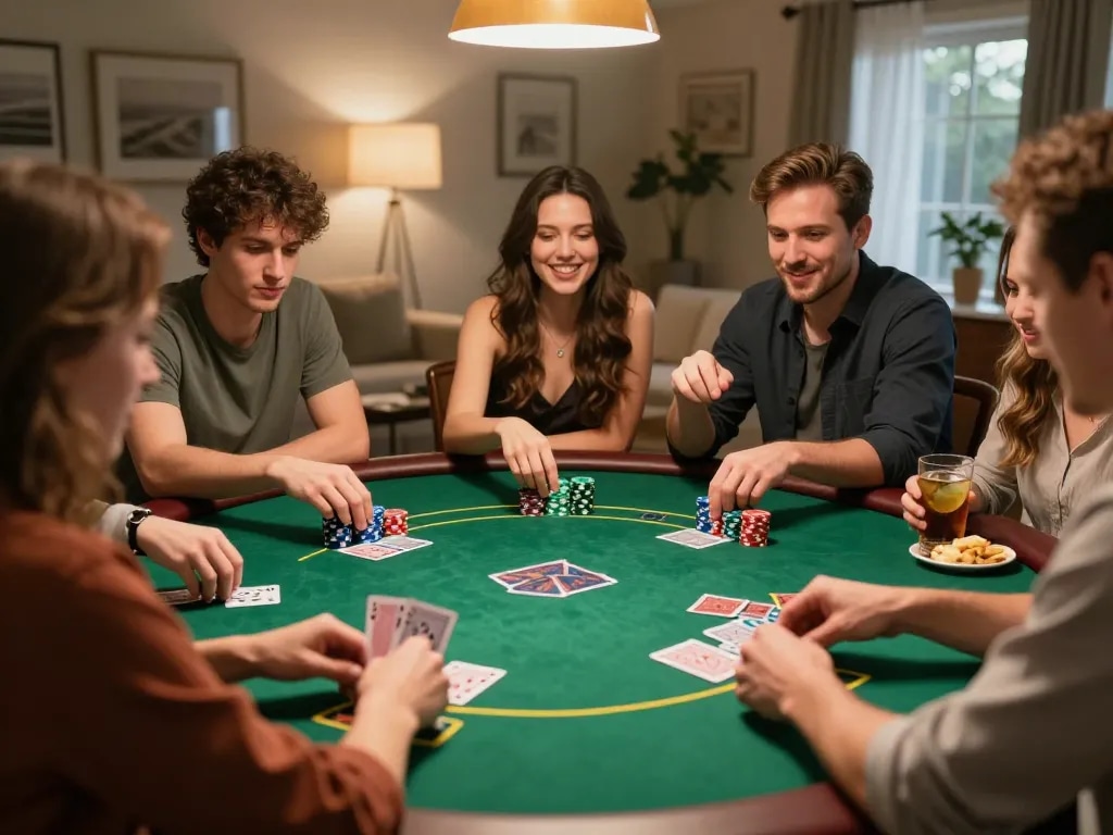 Engaging home poker game among friends with chips and strategy notes, focusing on สล็อตวอเลท.