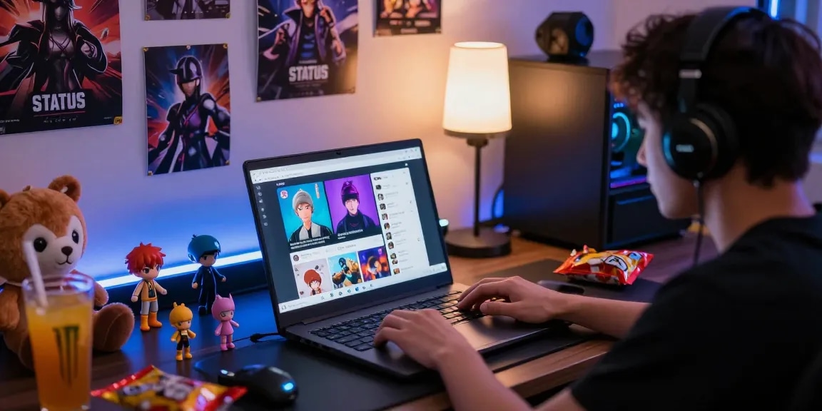 Experience the Status app with vibrant avatars and engaging social interactions in a cozy gaming setup.
