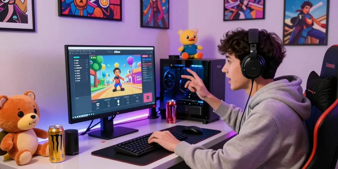 Young adult rating AI-generated images on Smash or Pass AI platform in a vibrant gaming setup.