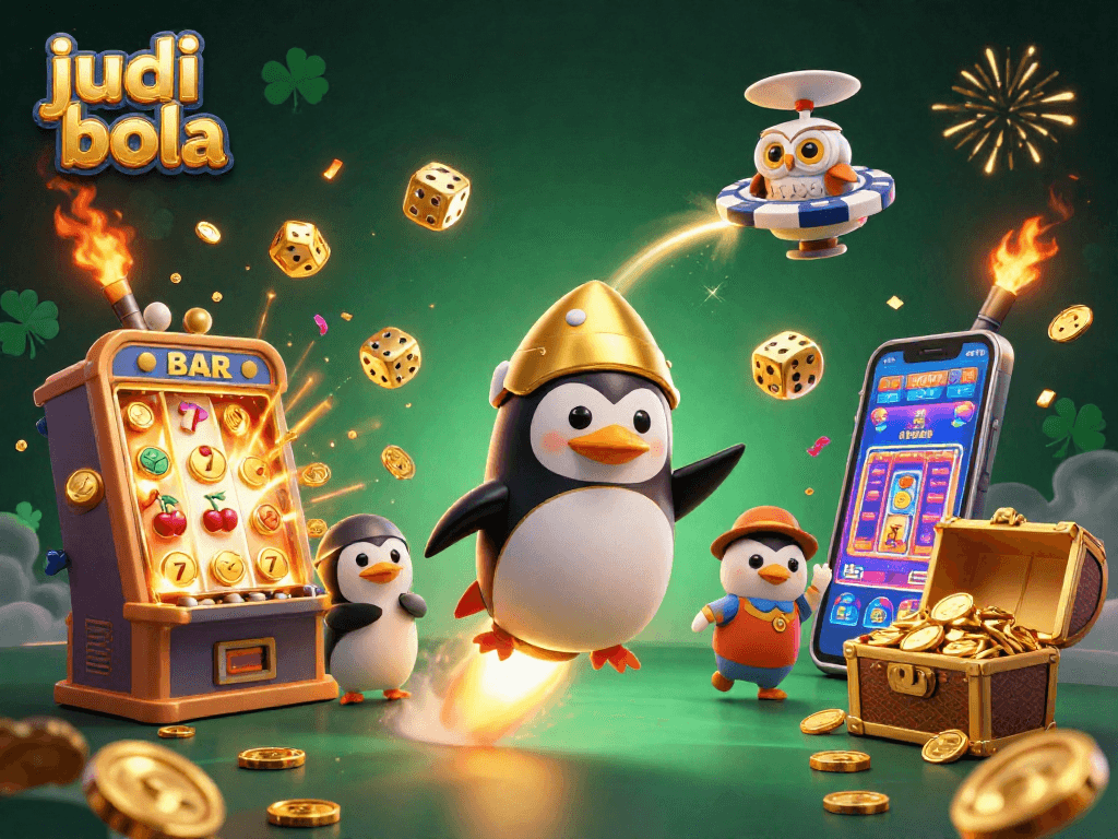 Betting on judi bola with a golden penguin in space, jackpot bursting with coins.