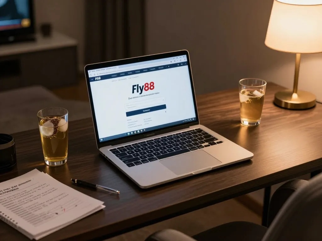 Engage in online gaming with Fly88 đăng nhập on a stylish laptop at a cozy desk.