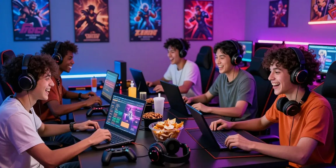 Enjoying free porn games in a lively gaming atmosphere with devices and snacks.