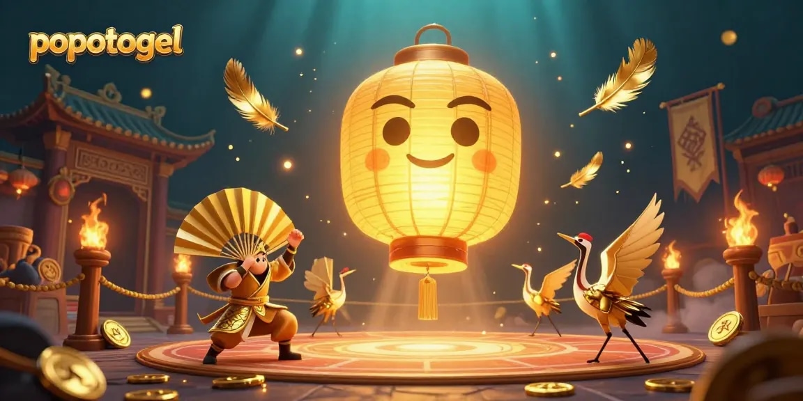 Immerse in popotogel's vibrant casino scene featuring golden lantern spirits and betting tokens.