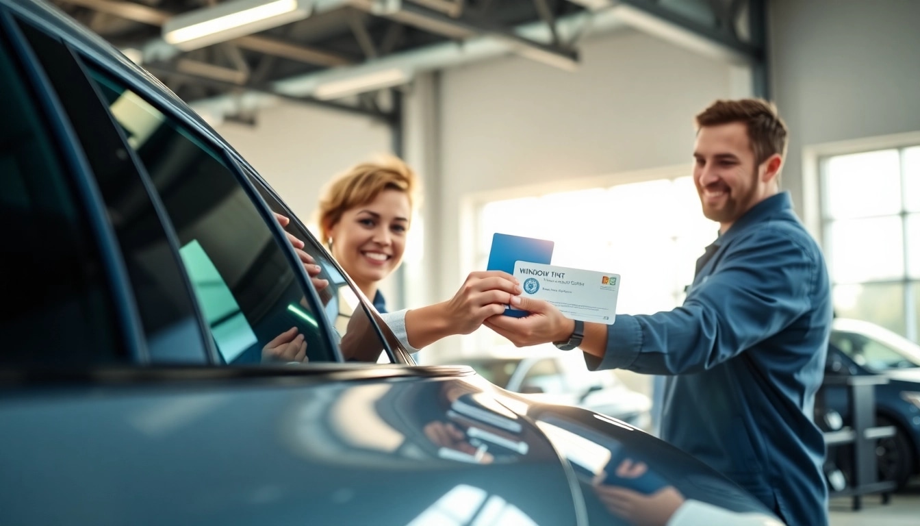 Customer receiving a window tint gift card in a bright auto shop.