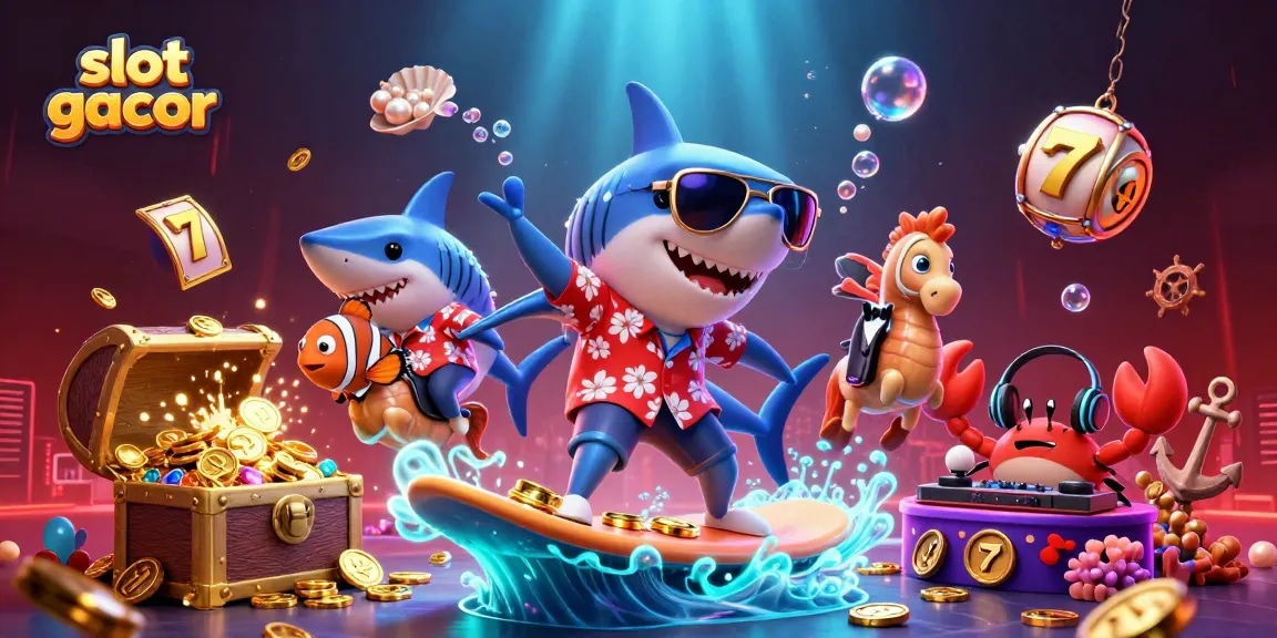 Experience the excitement of slot gacor with vibrant characters celebrating wins surrounded by casino elements.