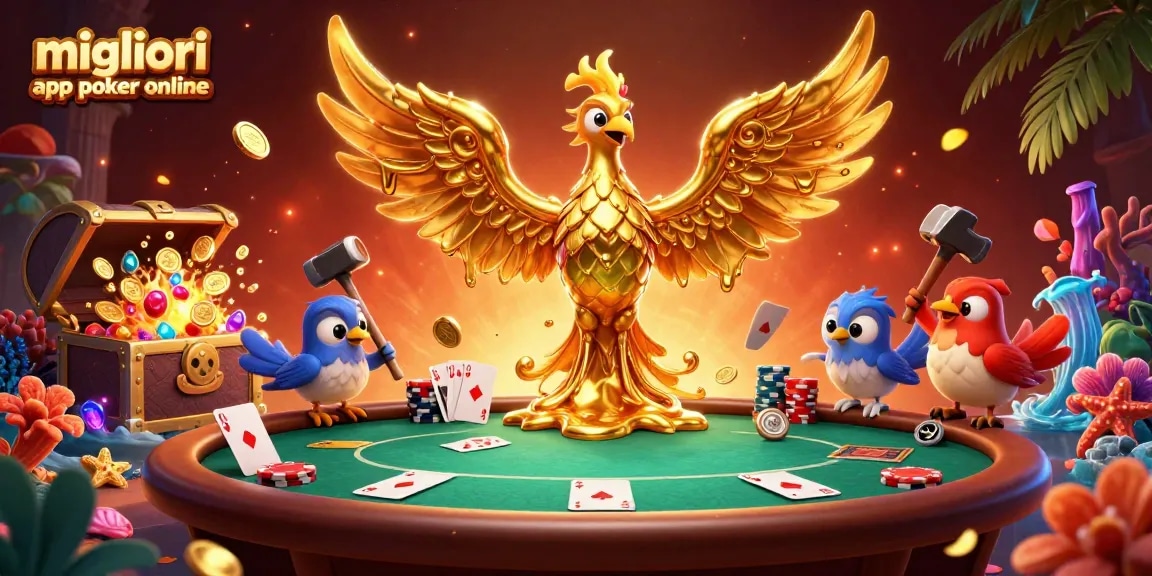 Scopri le migliori app poker online con questa illuminante illustrazione 3D di un tavolo da poker, monete dorate e simboli di vittoria.