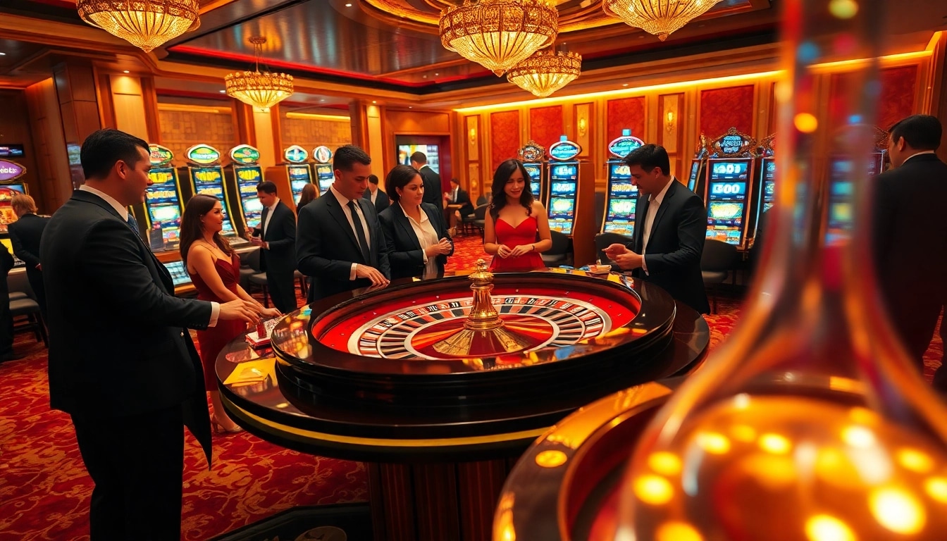 Energetic casino scene representing mm88 with players enjoying roulette and slot machines.
