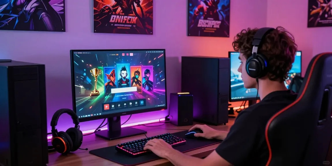 Engaged user at raja328 login screen, showcasing vibrant gaming dashboard and accessories