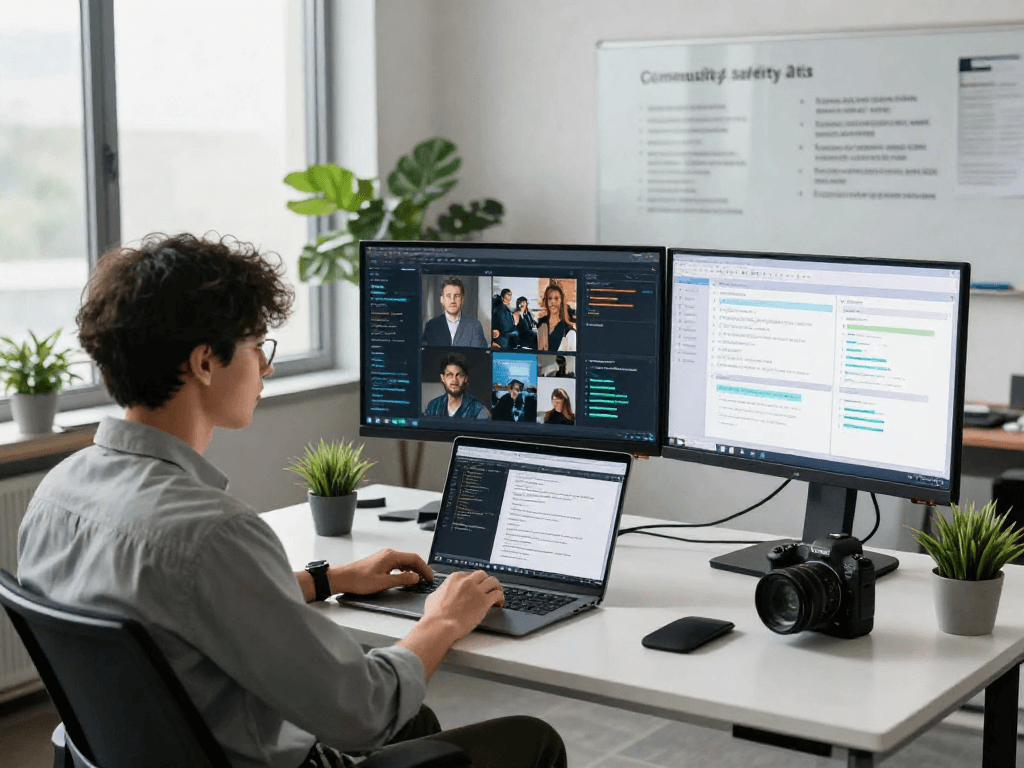 AI image detector analyzing content for community safety in a modern office.