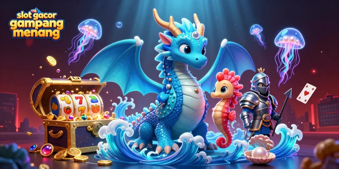 Menangkan slot gacor gampang menang melalui ilustrasi kasino yang menarik dan penuh warna dengan naga, kuda laut, dan banyak elemen permainan.