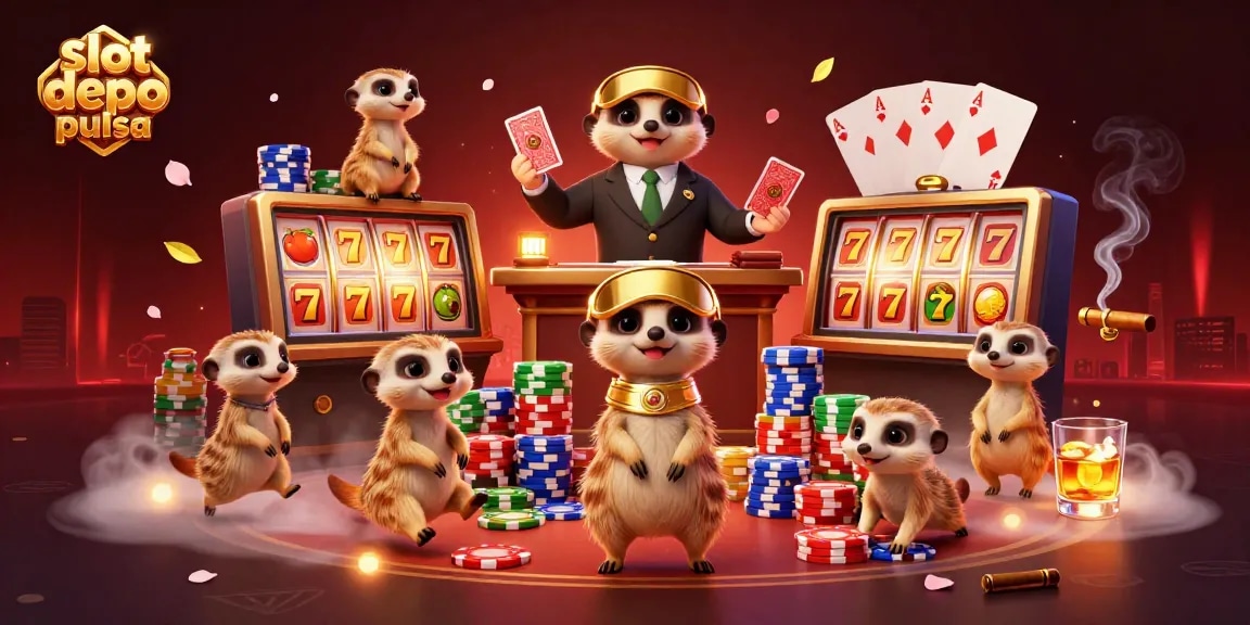 Slot depo pulsa menampilkan karakter meerkat yang mengelola kasino dalam ilustrasi 3D yang dinamis.
