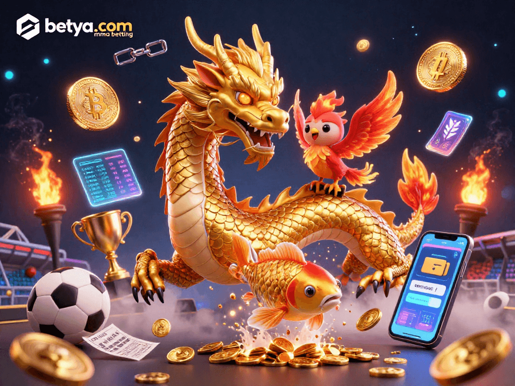 Engage in betya.com MMA betting with an epic illustration of a dragon and phoenix amid sports betting excitement.