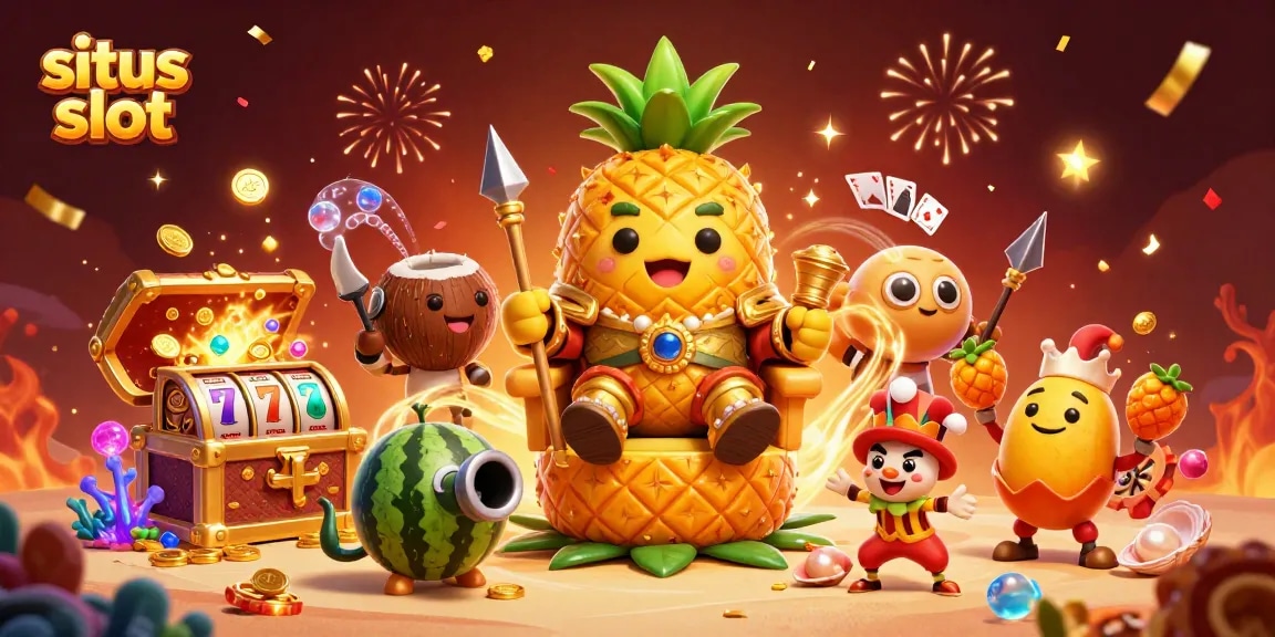 Immerse in the excitement of situs slot with a vibrant casino scene featuring a golden pineapple king and slot elements.