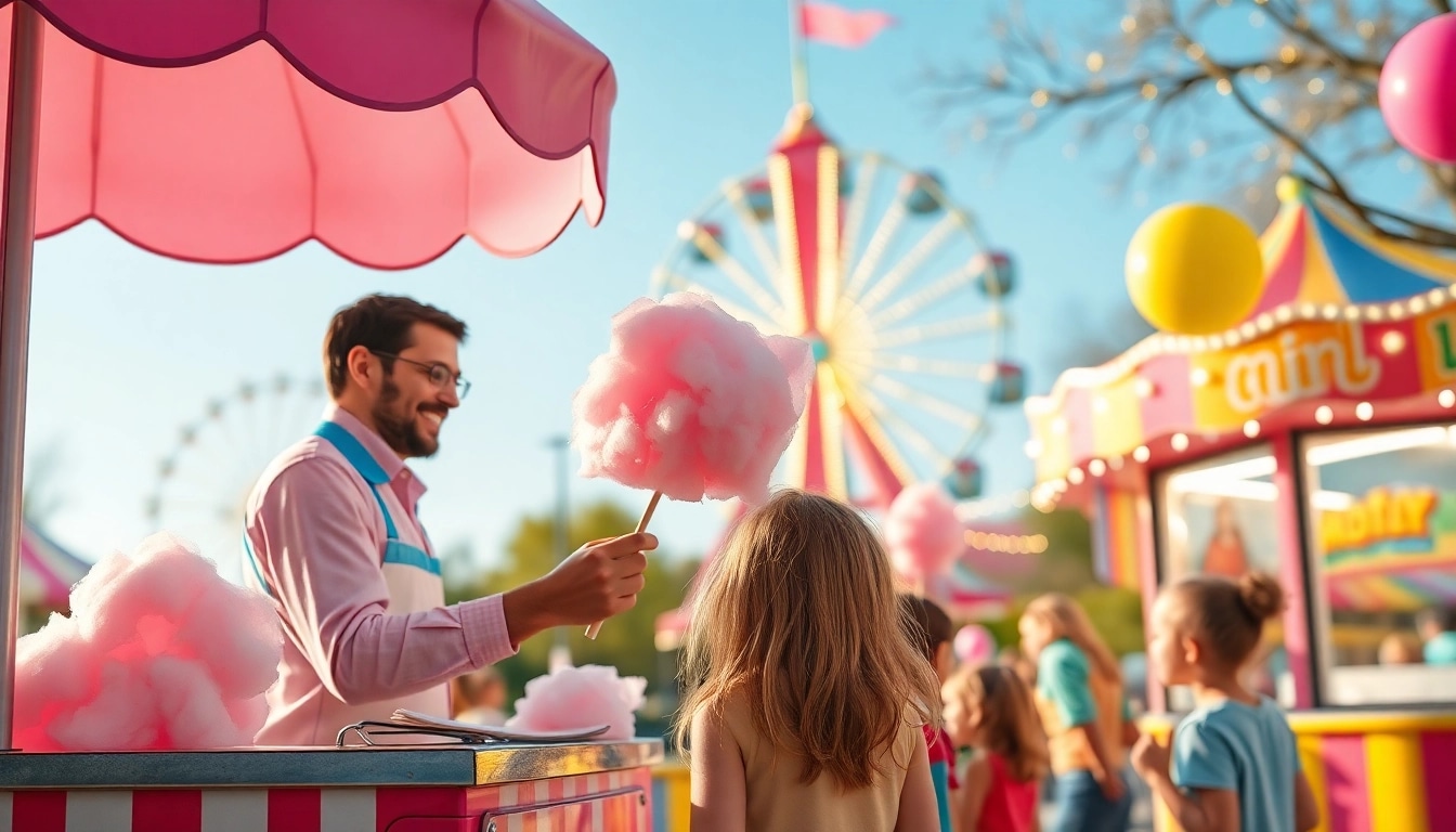 Geniet van wafel katoen op een levendig kermiscircuit met blije kinderen en kleurrijke stands.