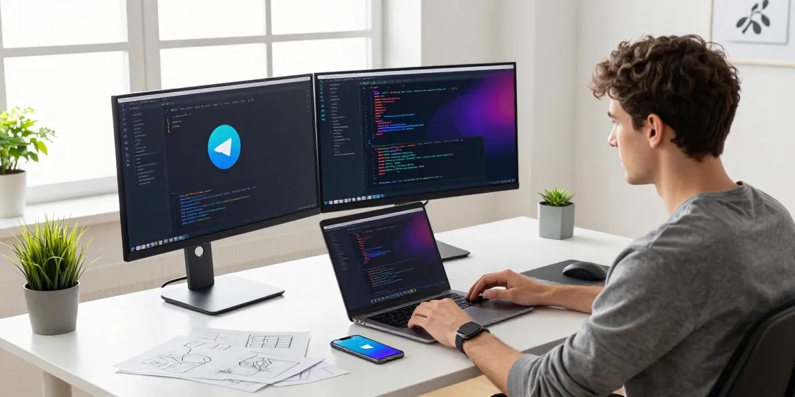 Experience the latest telegram中文版下载 with a modern workspace show casing a developer coding on dual monitors in a tech-driven environment.