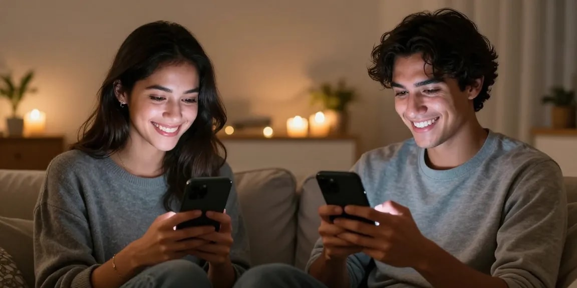 Couple enjoying a sex AI chat on smartphones in cozy settings, reflecting joy and intimacy.