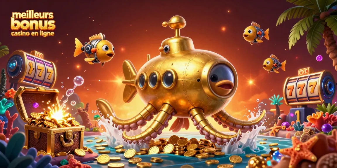 Découvrez les meilleurs bonus casino en ligne illustrés par une scène dynamique de jeux sous-marins avec richesses et machines à sous