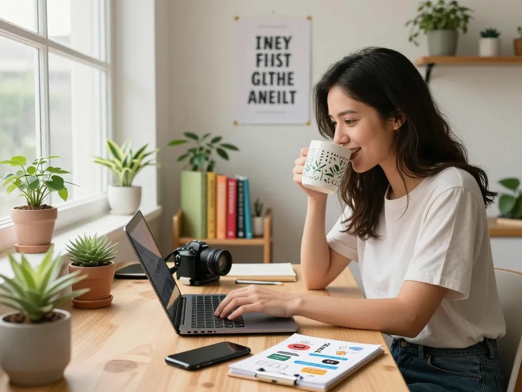 Join the vibrant home office scene of a young woman engaged in her newsletter activities at https://hubet88.icu/, showcasing creativity and connection.