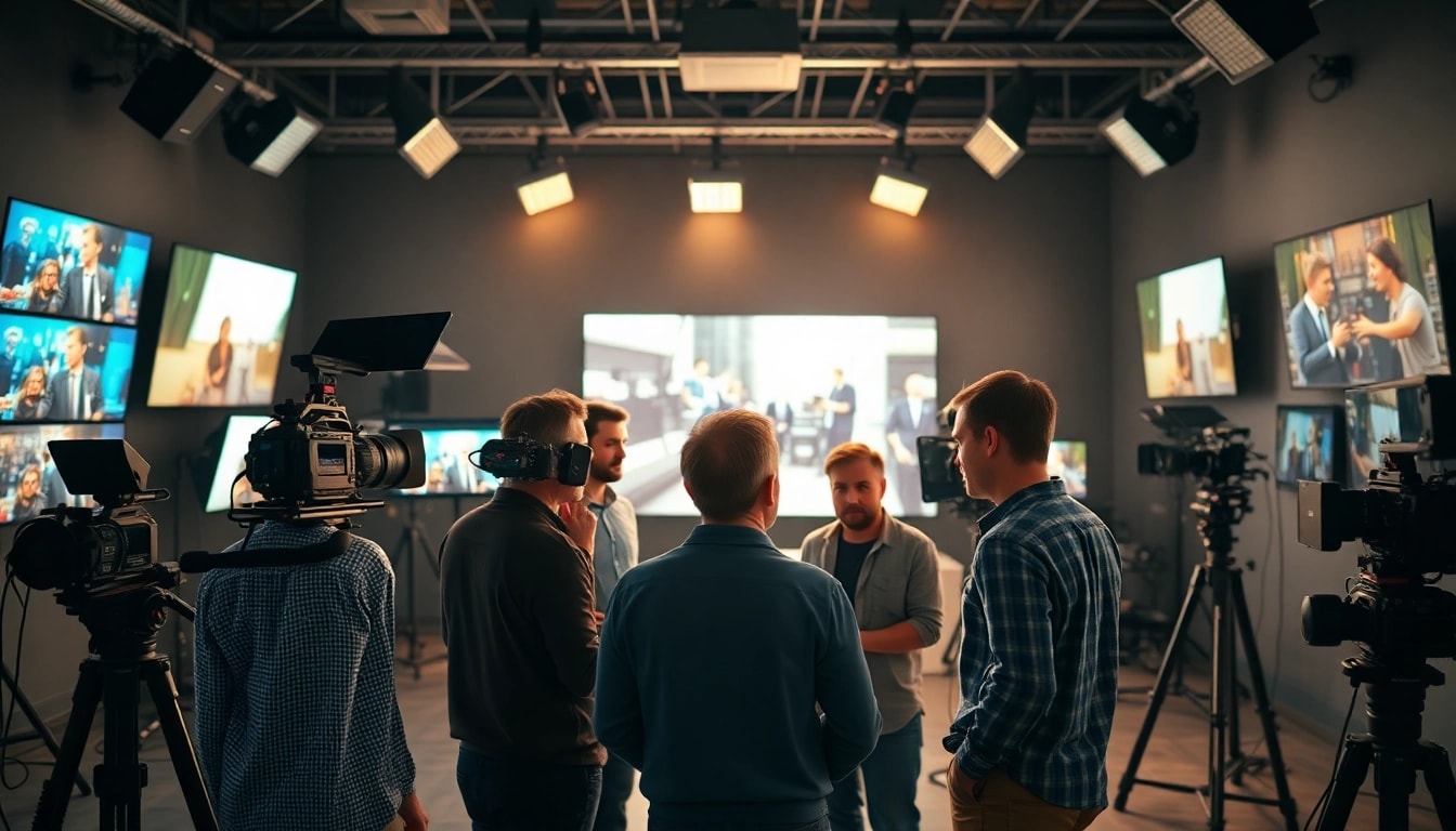 Team of edmonton production companies collaborating on creative video projects in a modern studio.