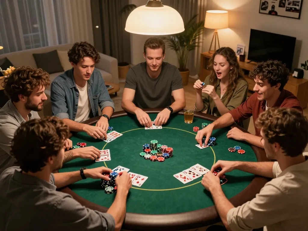 Friends enjoying a spirited poker night at home using 92slot for their gameplay.