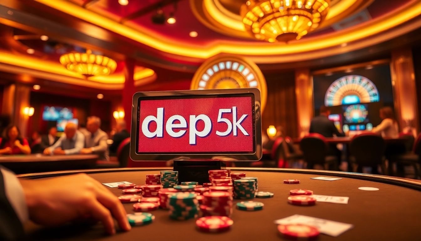 Excitement at the casino with the depo 5k slot machine and engaging poker players.