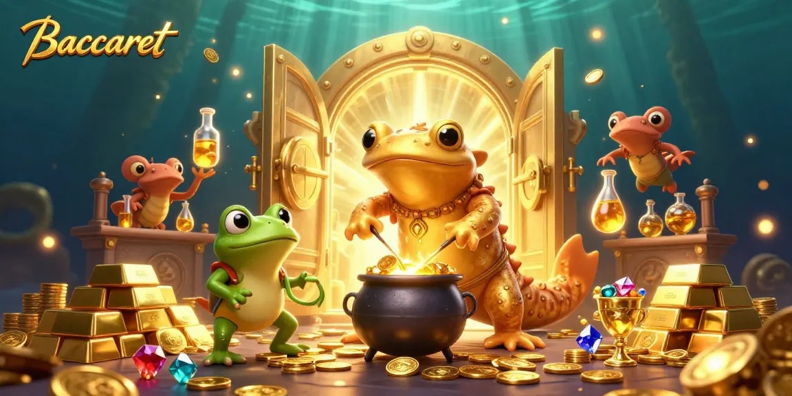 Baccarat players engage in a magical scene with gold coins and lively alchemical elements.