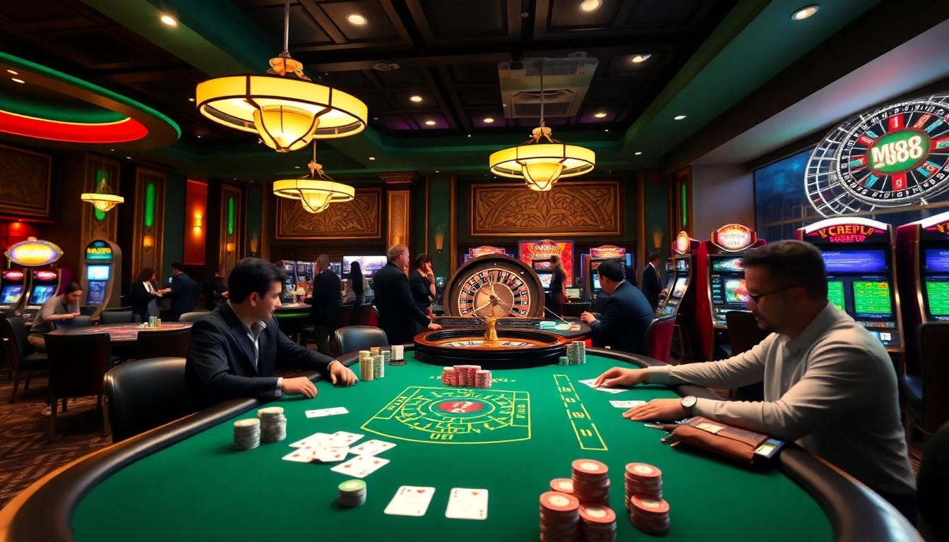 Players enjoying MM88-themed poker, surrounded by a luxurious casino ambiance.