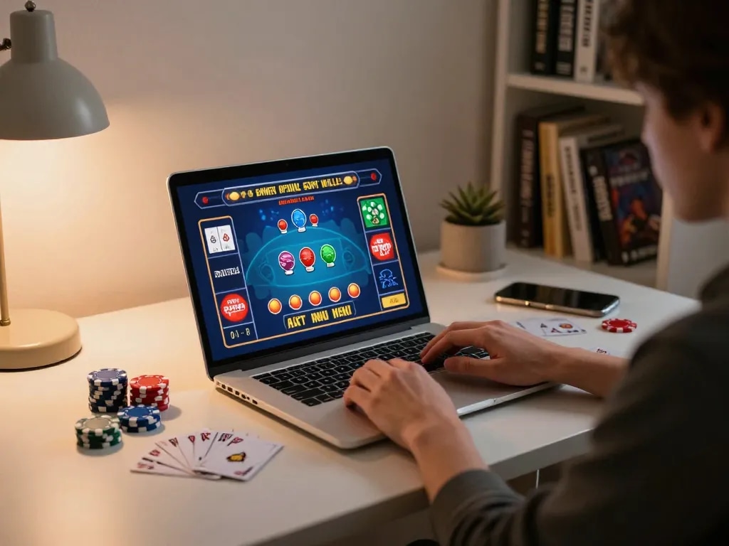 Engaging online session for đăng ký qq88 with a gamer strategizing while playing casino games on a laptop.