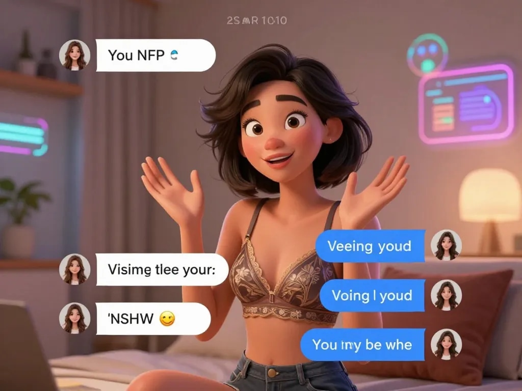 Interactive ai chat porn scene with animated character engaging in playful conversation in a cozy virtual space.
