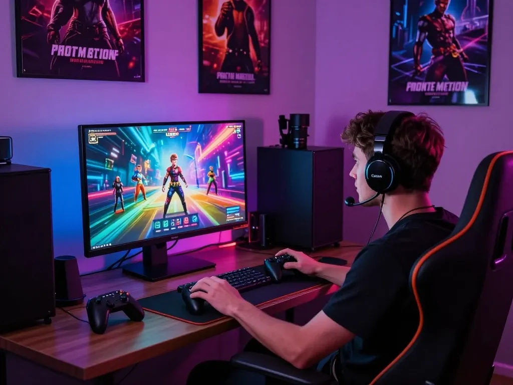 Gamer enjoying a real porn game on a modern setup with engaging visuals and dynamic atmosphere.