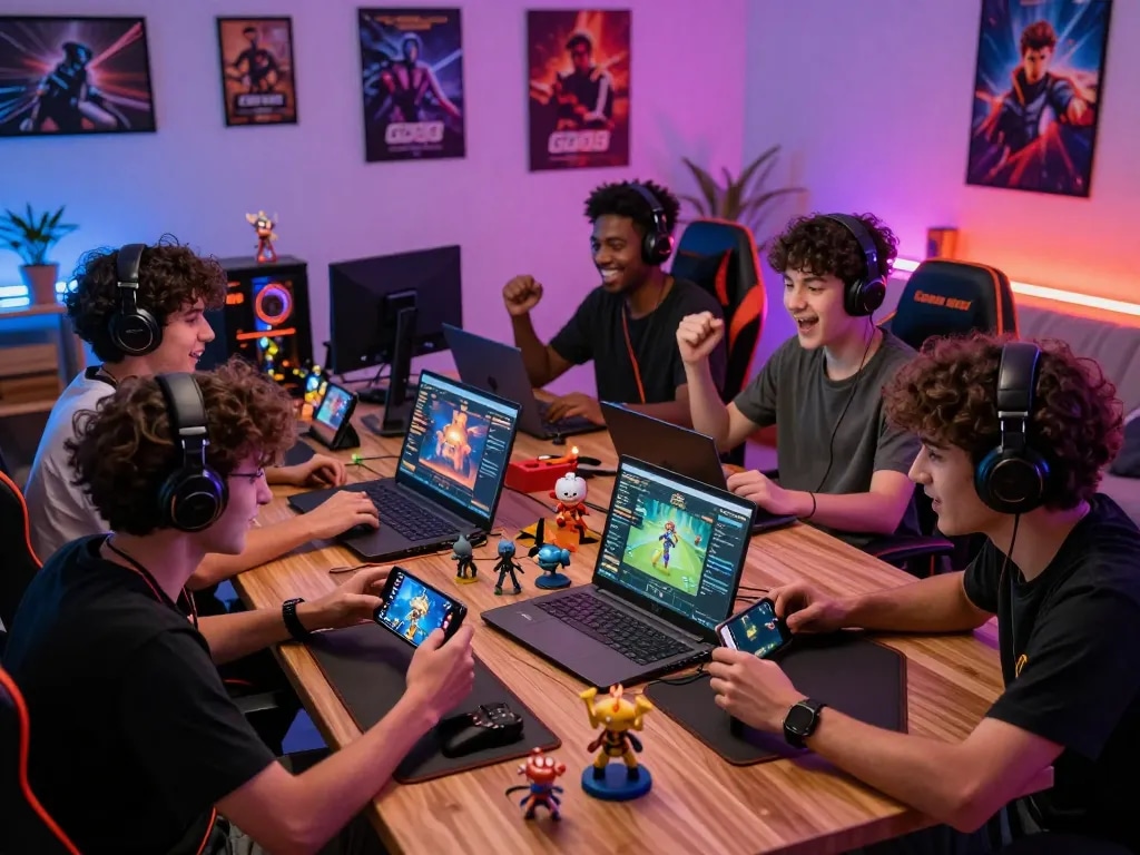 Friends enthusiastically playing Go88 multiplayer games in a vibrant gaming room, showcasing devices and collectibles.
