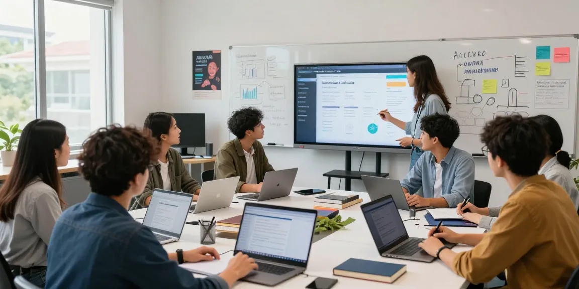 Business professionals analyzing targeted social media ads data in a modern classroom during digital marketing training.