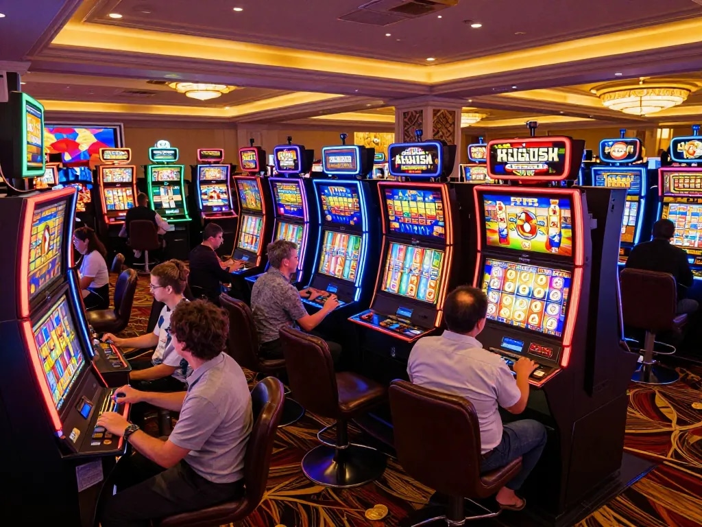 Players enjoy engaging with slot bonus 100 machines amid vibrant casino atmosphere filled with excitement.