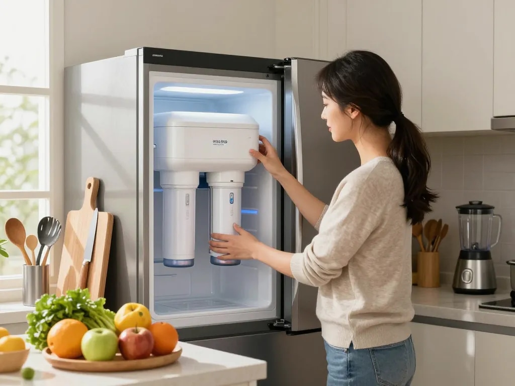 Installing Waterdrop Alkaline DA29-00020B Replacement for Samsung® Water Filter HAF-CIN/EXP in a modern home kitchen focused on health.
