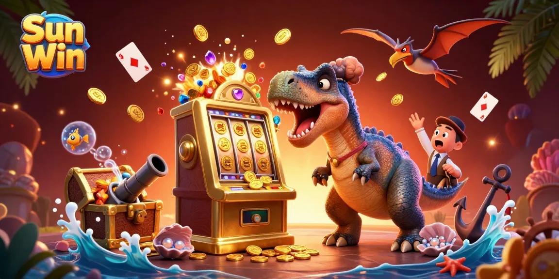 Sun Win casino illustration with dinosaur characters winning jackpots and collecting coins