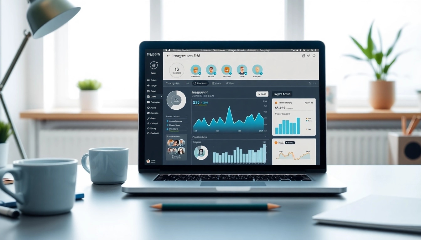 Engaging workspace depicting Instagram smm panel analytics on a laptop screen, promoting digital marketing potential.