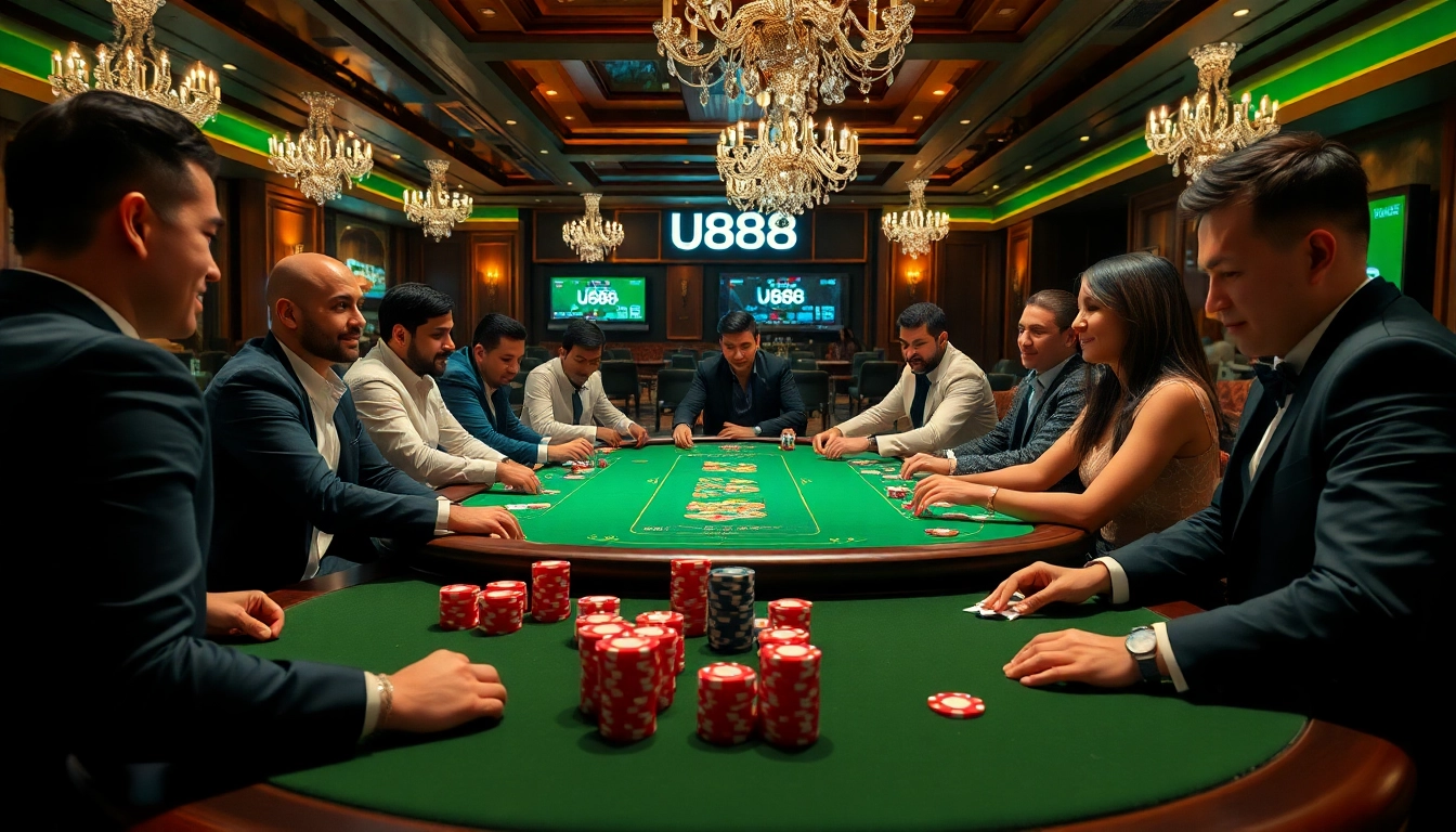 Players at U888 poker table strategizing their moves during a thrilling game night.