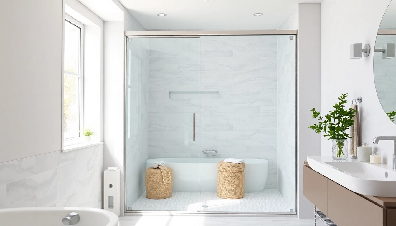 Showcasing modern shower sliding doors with sleek design and elegant bathroom decor.