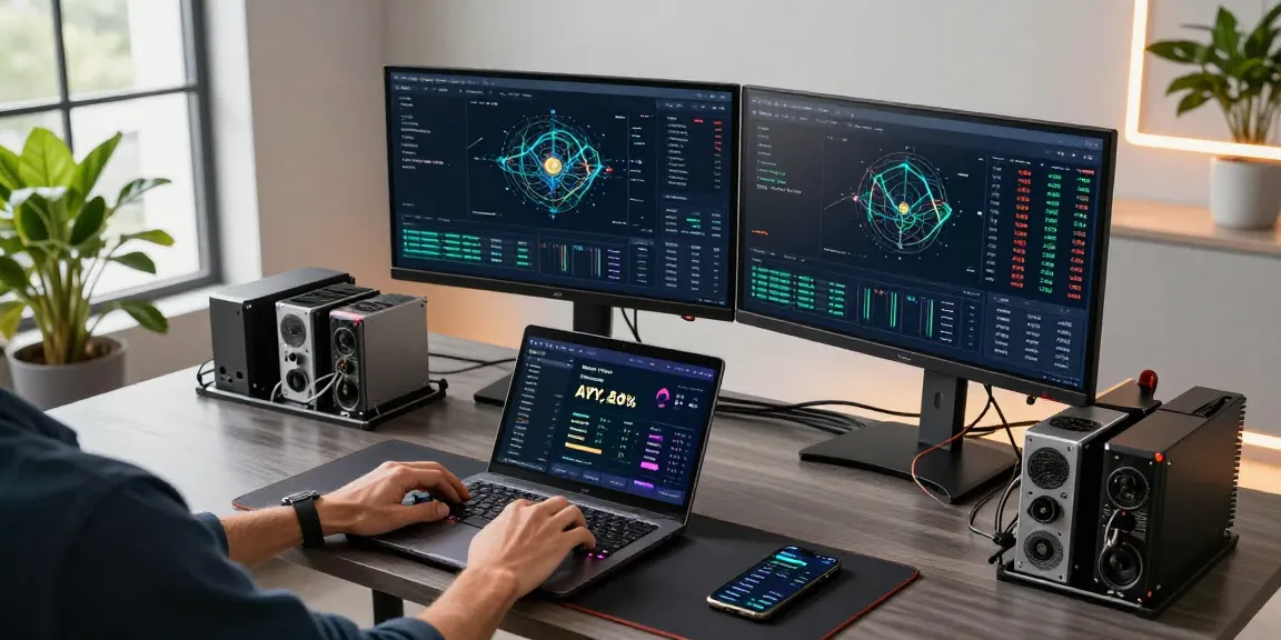 Mining crypto online in a modern workspace with advanced monitors showing blockchain statistics, digital wallets, and DeFi platforms.
