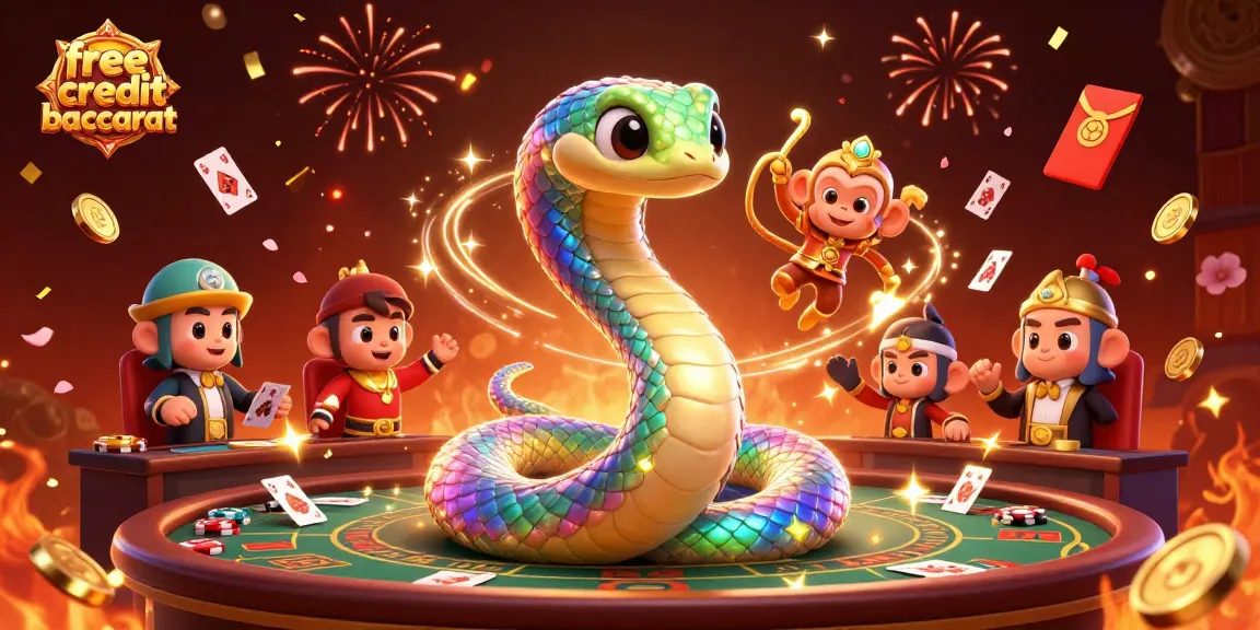 Play to win with free credit baccarat as the lively monkey king swings with a vibrant serpent in a busy casino.