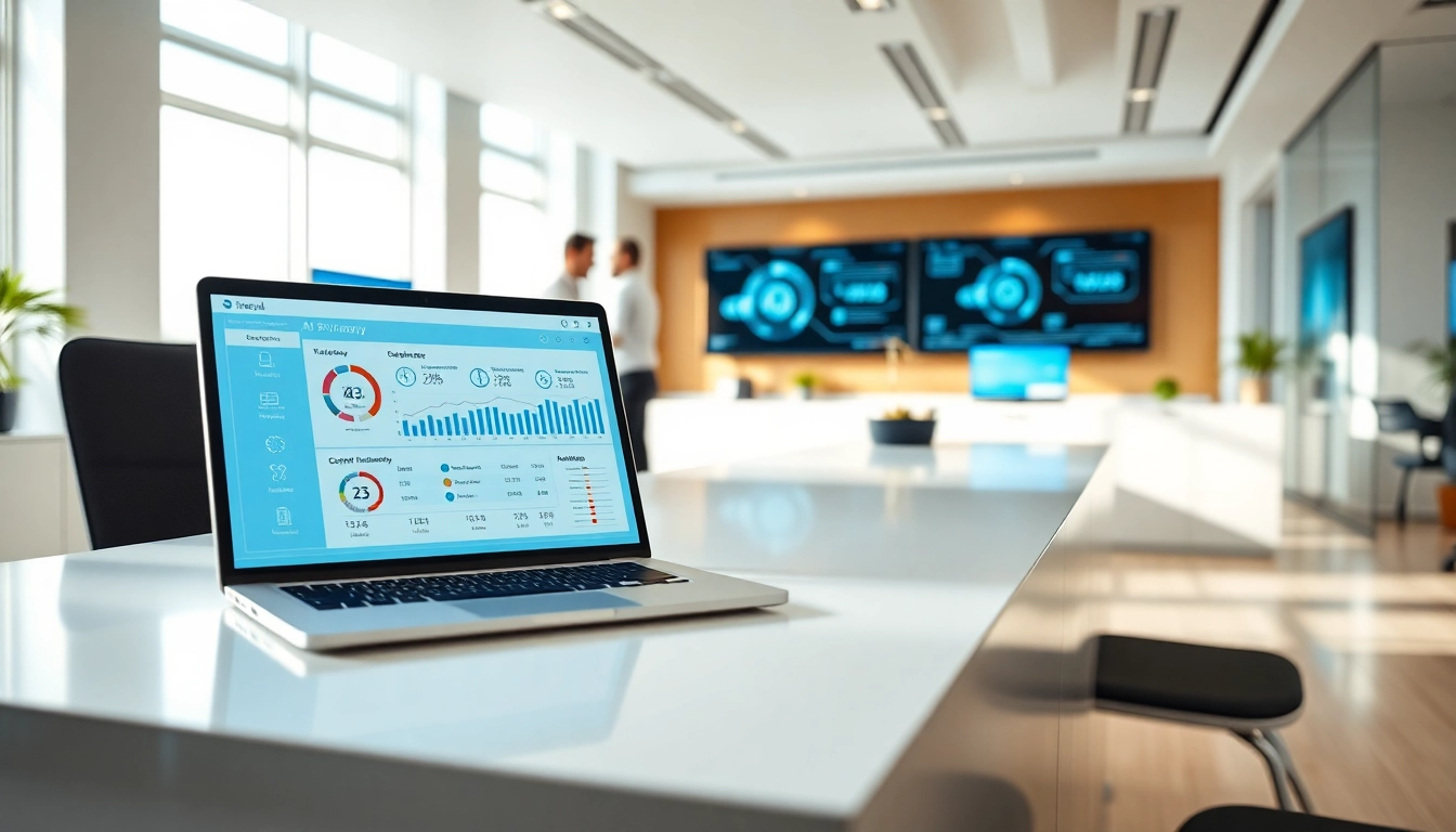 Engaging representatives in an AI powered warranty company office showcasing advanced technology.