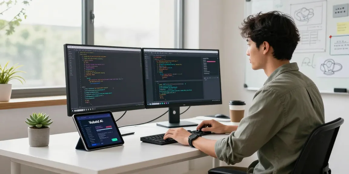 KoboldAI developer coding in a modern tech workspace with AI elements, showcasing productivity and innovation.