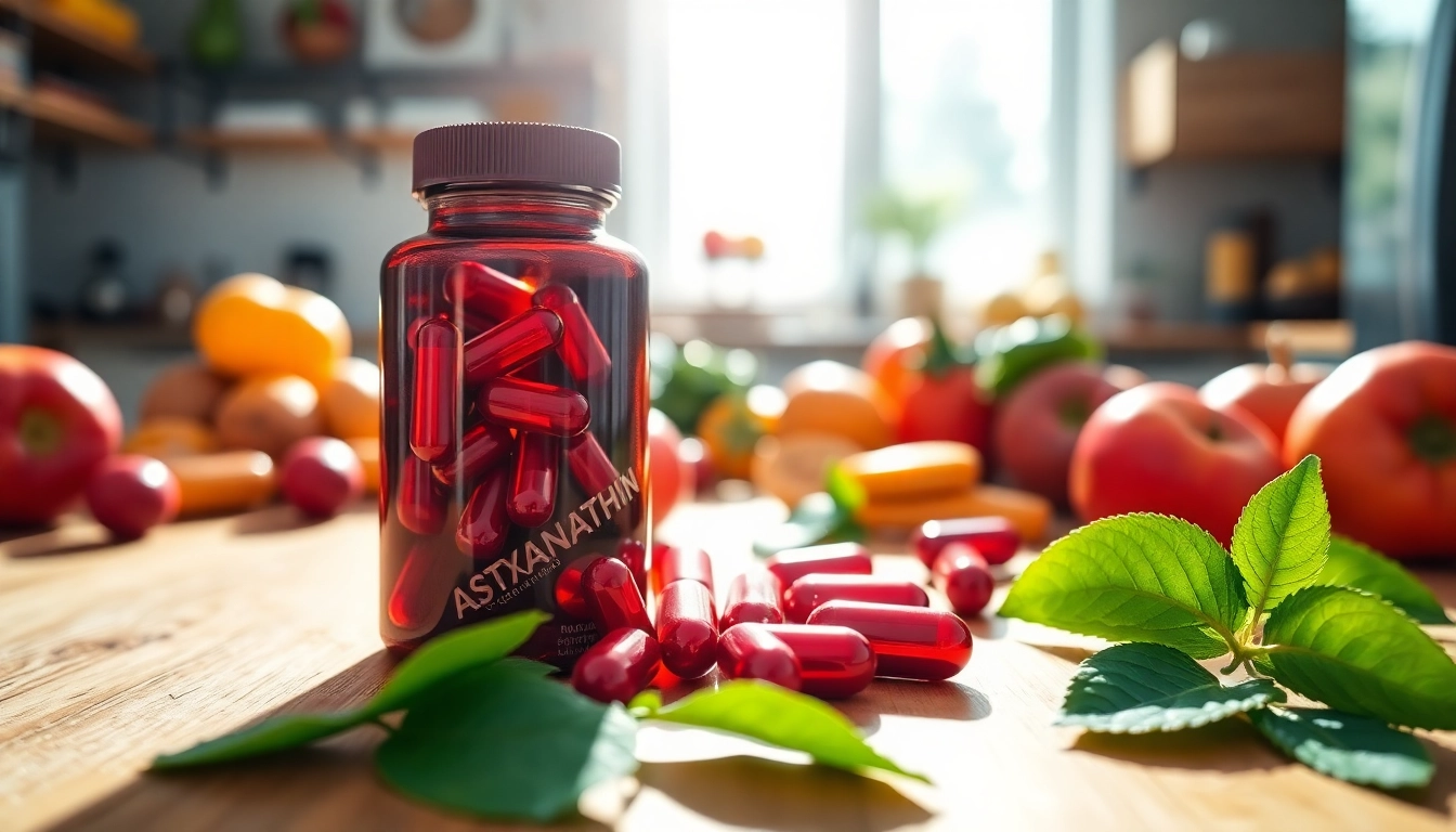 Vegan astaxanthin supplement capsules on a wooden table, surrounded by fresh fruits and greens.