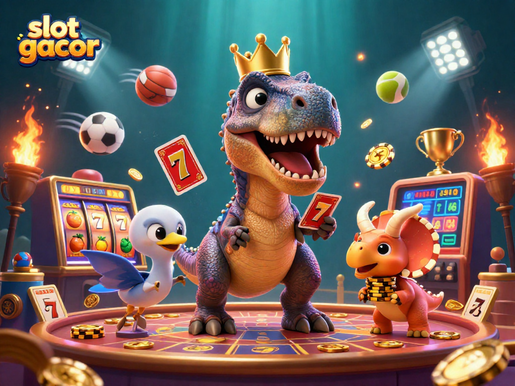 Experience the thrilling action of slot gacor with a playful T-Rex, pterodactyl, and triceratops in a vibrant casino
