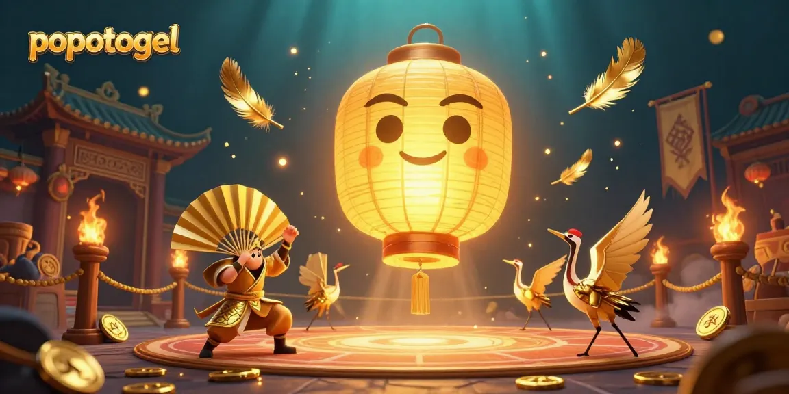 Immerse in popotogel's vibrant casino scene featuring golden lantern spirits and betting tokens.