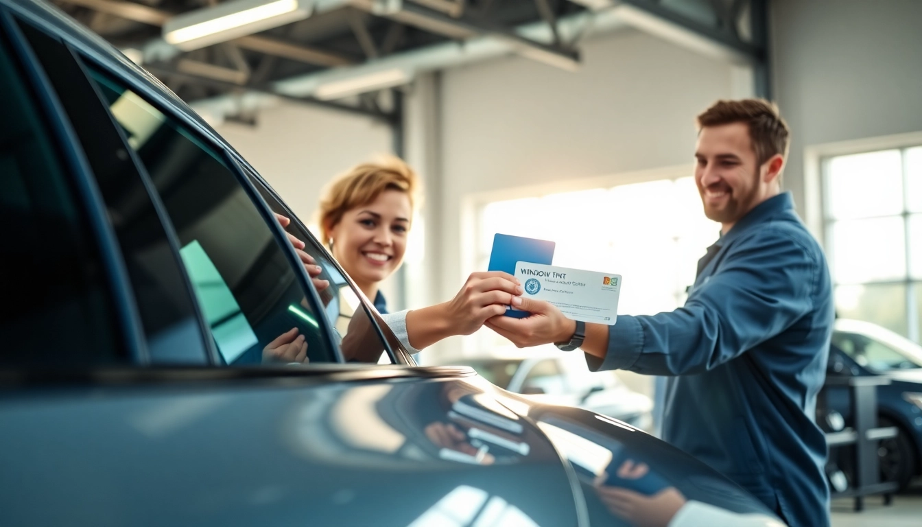 Customer receiving a window tint gift card in a bright auto shop.