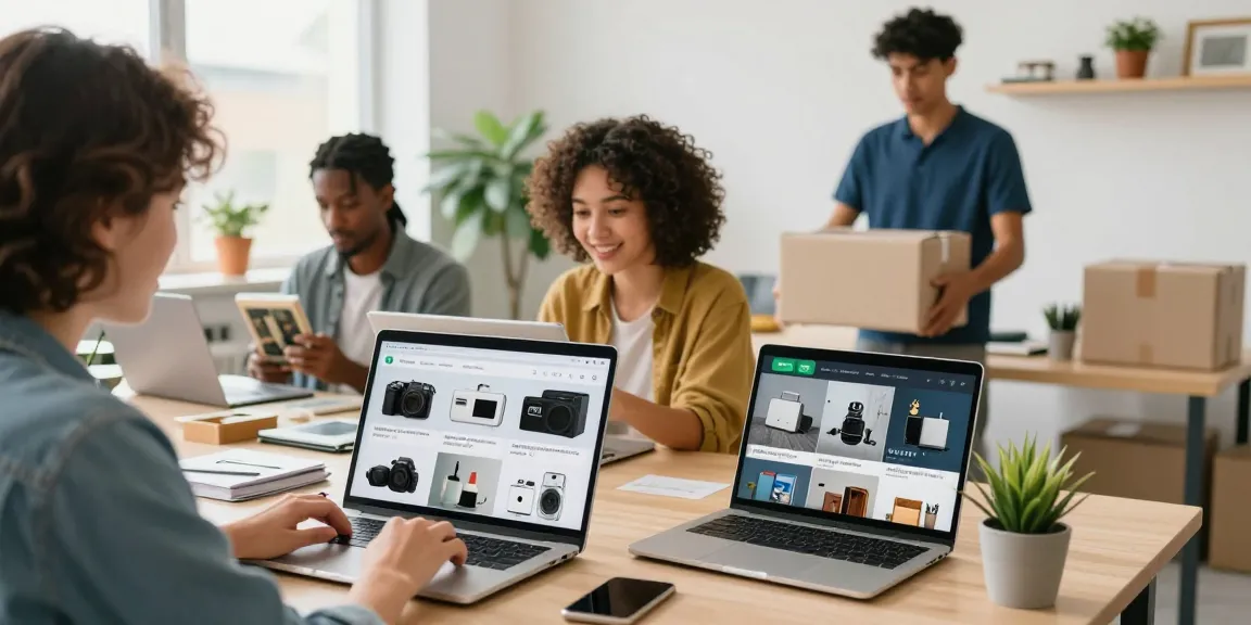 Engaging online marketplace scene showcasing diverse individuals using ROKOK88 for buying and selling secondhand goods.