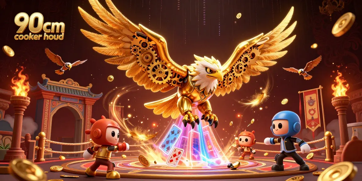 Experience thrilling gaming with the 90cm cooker hood, featuring a golden eagle and dynamic symbols.