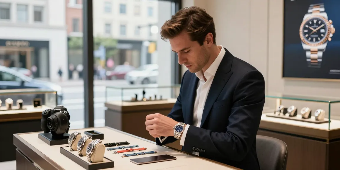 Sophisticated man admiring a rolex replica in a luxury watch boutique, showcasing elegance and style.